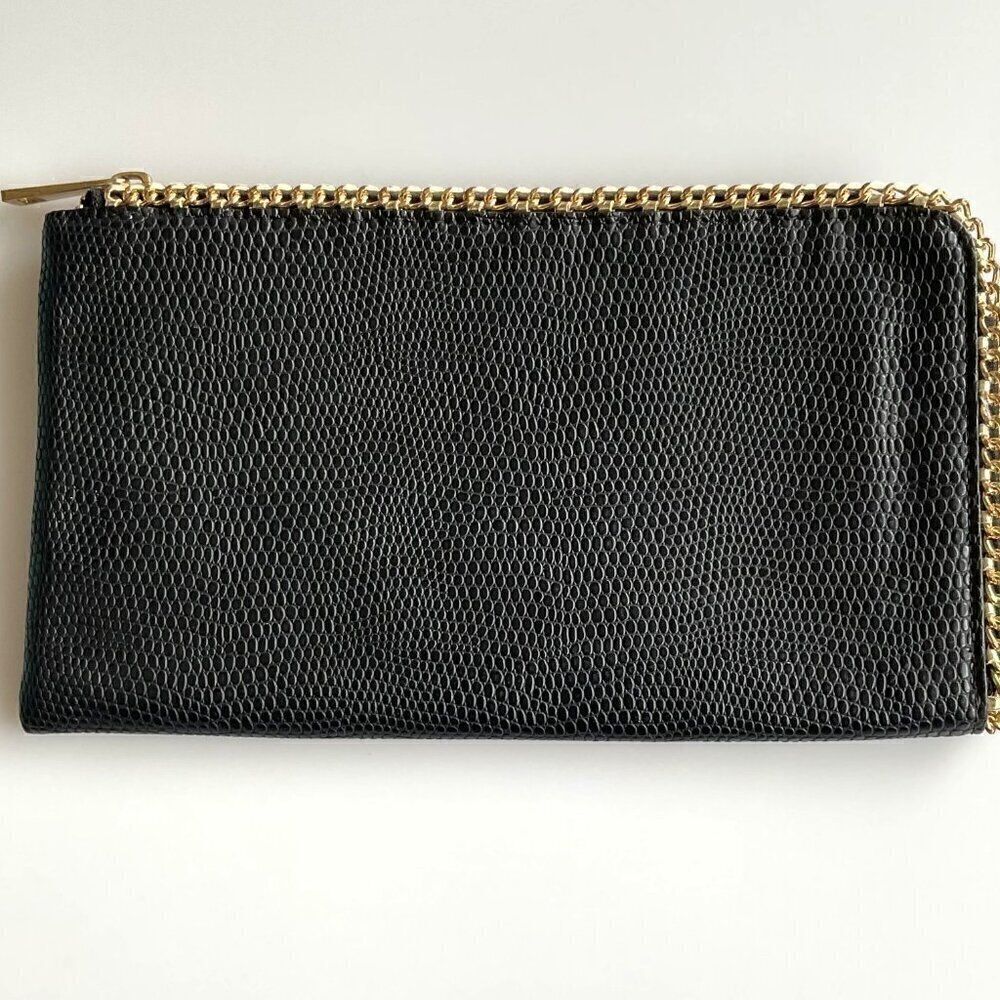 Y2K Black Faux Snakeskin Clutch Purse with Gold Chain Accent